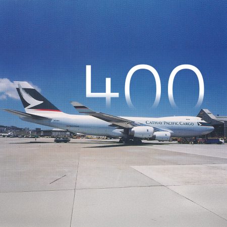 A Cathay Pacific Boeing 747-400F on the ramp at an airport