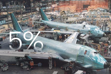 A view of the Boeing factory showing two Boeing 747-400Fs being built