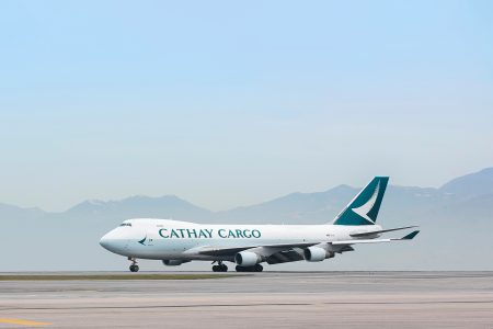 A Cathay Cargo Boeing 747 freighter taxying at Hong Kong International Airport 