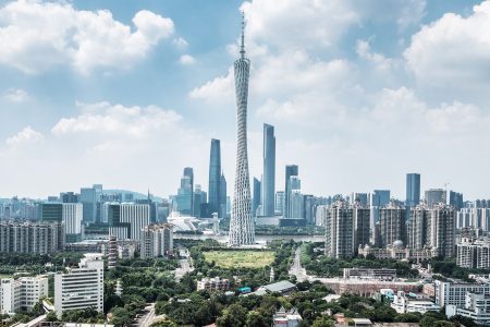 View of the Guangzhou skyline on a blue cloudy day 