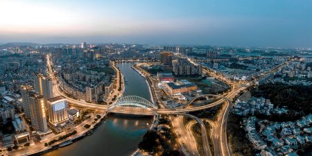 View of Donghua bridge and the surrounding city in Jiangmen 