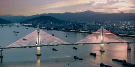 View of a bridge at night in Xijiang, Zhaoqing, China