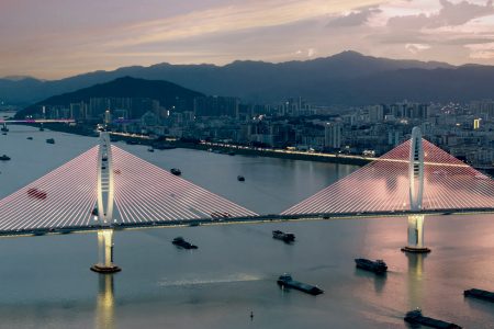 View of a bridge at night in Xijiang, Zhaoqing, China