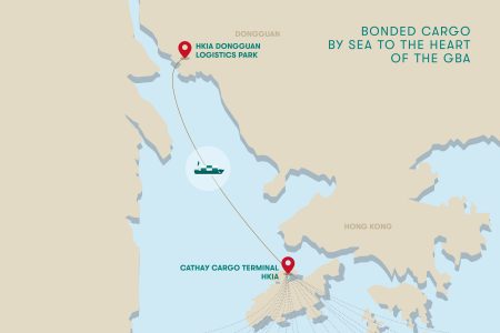 Illustrated map of Cathay Cargo's shipping route from Hong Kong to HKIA Dongguan Logistics Park