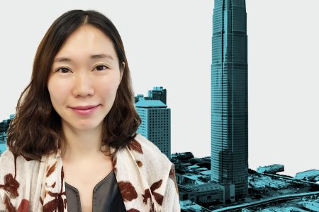 Tuna Huang with Hong Kong cityscape collage