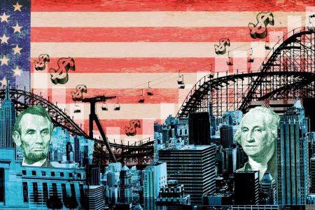 Collage with cityscape, American flag, dollar signs and historical US presidents