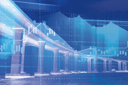 Collage with architectural columns and graph charts superimposed