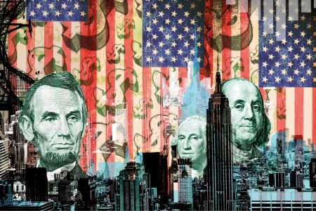 Collage with cityscape, American flag, dollar signs and historical US presidents