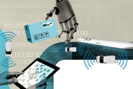 photo collage with robotic hand holding delivery box, autonomous vehicles and tablet interface