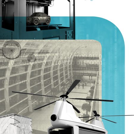 photo collage showing autonomous aircraft, cargo shipment, airport hall and 3d printer