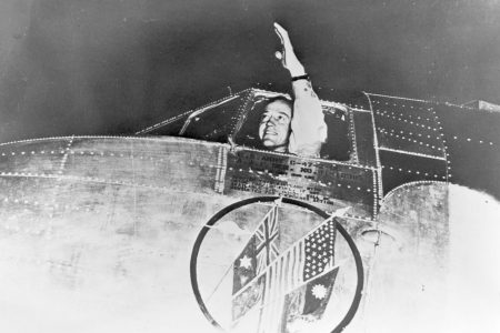 A black and white photo of pilot Roy Farrell arrives in Betsy.