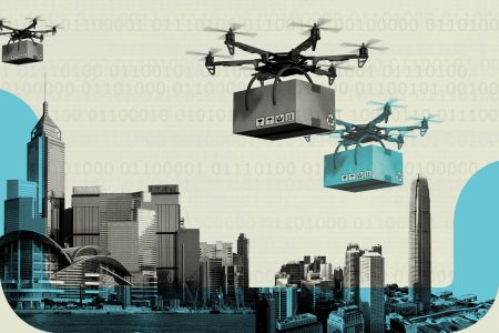 photo collage of delivery drones with boxes and Hong Kong skyline with binary strings in background
