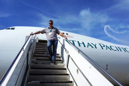Mark Sutch on Cathay Cargo aircraft boarding stairs