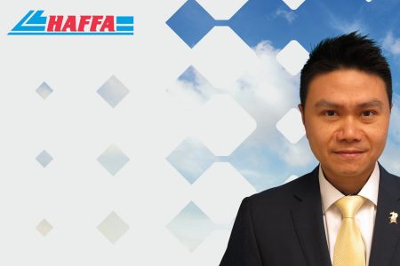 Brian Wu with HAFFA logo and blue sky and diamond shape background