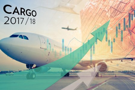 Collage of aircraft on runway, cargo shipment and graph chart with text