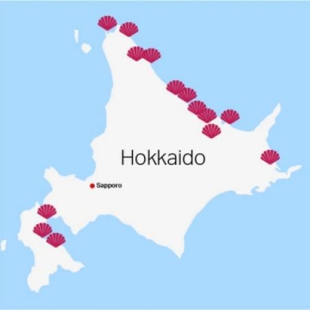 Map of Hokkaido marked with locations rich in scallops