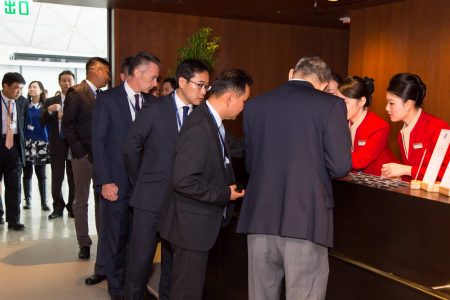 Guests at Cathay lounge registration desk