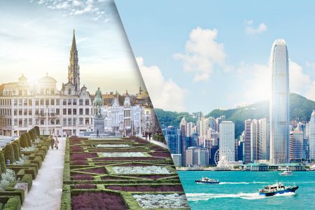 diagonally split image of Brussels and Hong Kong skyline
