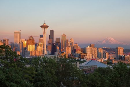 Seattle Skyline with Space Needle and Mt Rainier at Dusk