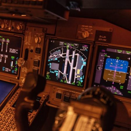 panels in the cockpit of 747-8F flight simulator
