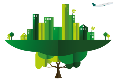 Graphic conveying the concept of sustainable operations with buildings and trees in shades of green