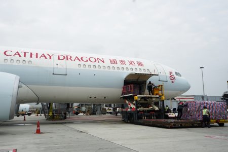 Cathay aircraft being loaded with cargo