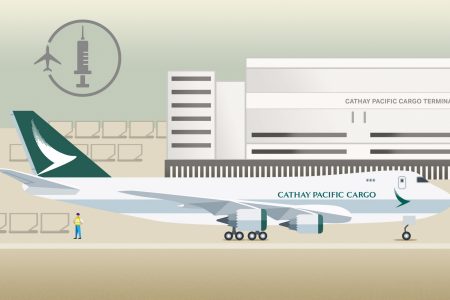An illustration of a Cathay aircraft at the cargo terminal with a vaccine symbol in the background