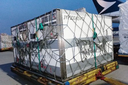 Cooltainer on a pallet in front of a parked Cathay aircraft