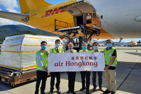 Ground crew holds up air Hongkong banner