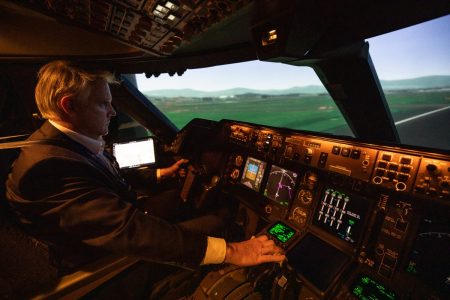 Pilot taking off in flight sim