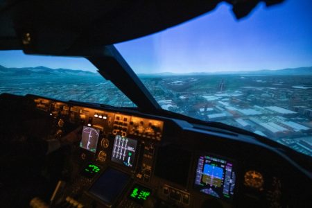 flight sim cockpit, approaching runway