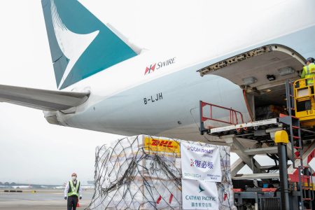Vaccine shipment ready to be loaded onto Cathay aircraft