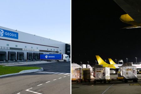 Geodis truck facility and DHL aircraft at airport