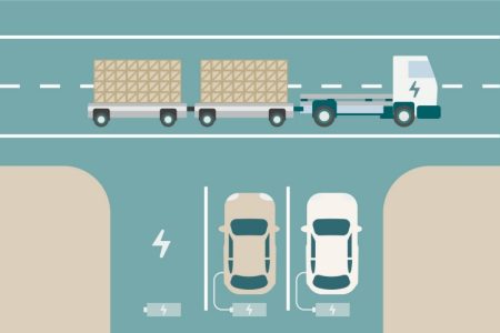 Illustration showing EV truck on road and EV cars at charging stations