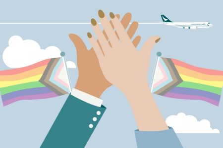 Graphic showing LGBT flags and masculine and feminine hands high-fiving