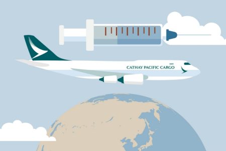 Illustration showing Cathay aircraft, vaccine and globe
