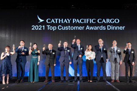 Cathay Cargo awards dinner group photo onstage