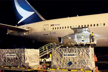 Cathay aircraft on tarmac at night with shipments to be loaded