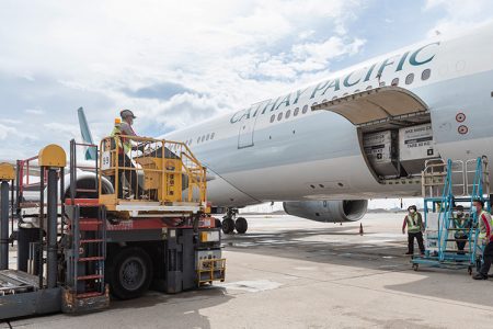 Cathay aircraft on tarmac with cargo door open and ULD's inside
