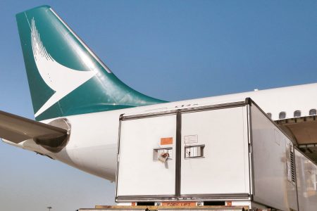 Cathay aircraft being loaded with cargo
