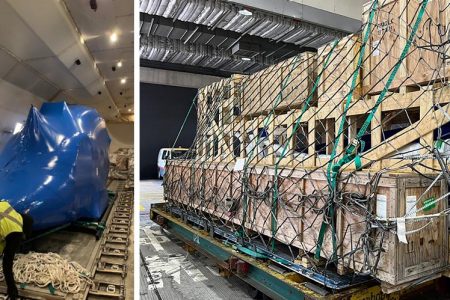 Helicopter tail boom and rotor blades packed