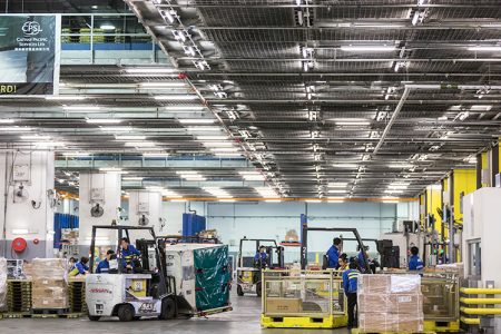 Staff operating forklifts in cargo terminal