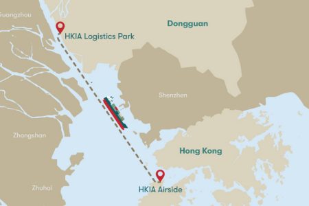 Map showing sea route from HKIA to Logistics Park in Dongguan