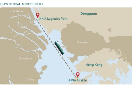 Map with sea route from Hong Kong airport and logistics park in Dongguan