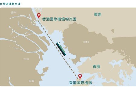 Map with sea route from Hong Kong airport and logistics park in Dongguan