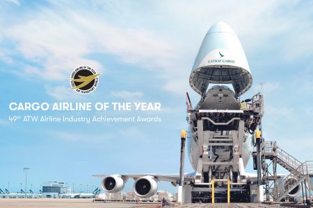 Cathay Cargo aircraft with nose door open and Cargo Award graphic overlaid