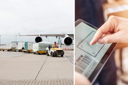 Baggage tractor approaching aircraft and hand e-signing on tablet