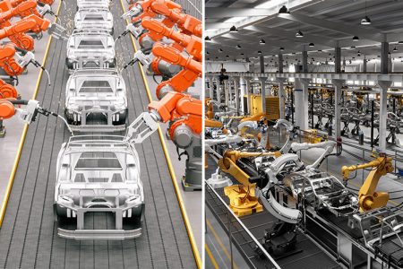 Car frames in automated automobile assembly line