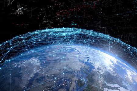 Satellite photo of earth with overlay depicting a multitude of interconnected points