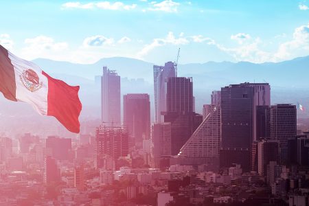 Mexico flag and Mexico City skyline